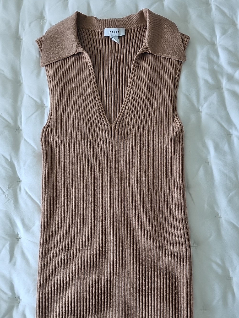 Reiss Taupe Ribbed Sleeveless V-Neck Knit Dress